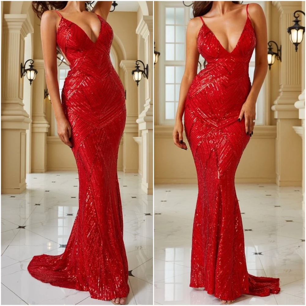 Luxe Sequin backless mermaid hem party formal prom sequins gown dress - Picture 7 of 11